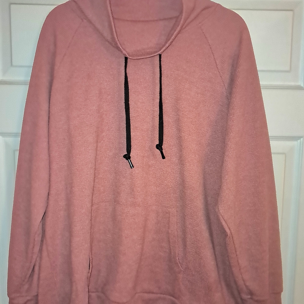 Cozy Pink Cowl Neck Sweater with Black Drawstrings